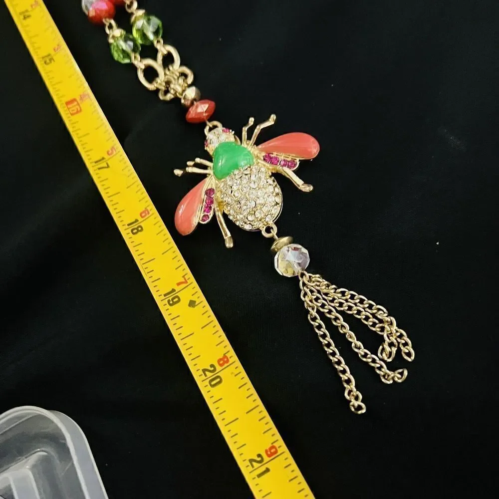 Whimsical BUMBLE BEE Pink Green Rhinestone Enamel Crystal Pendant Necklace